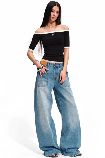 Off-Shoulder Contrast Knit Top