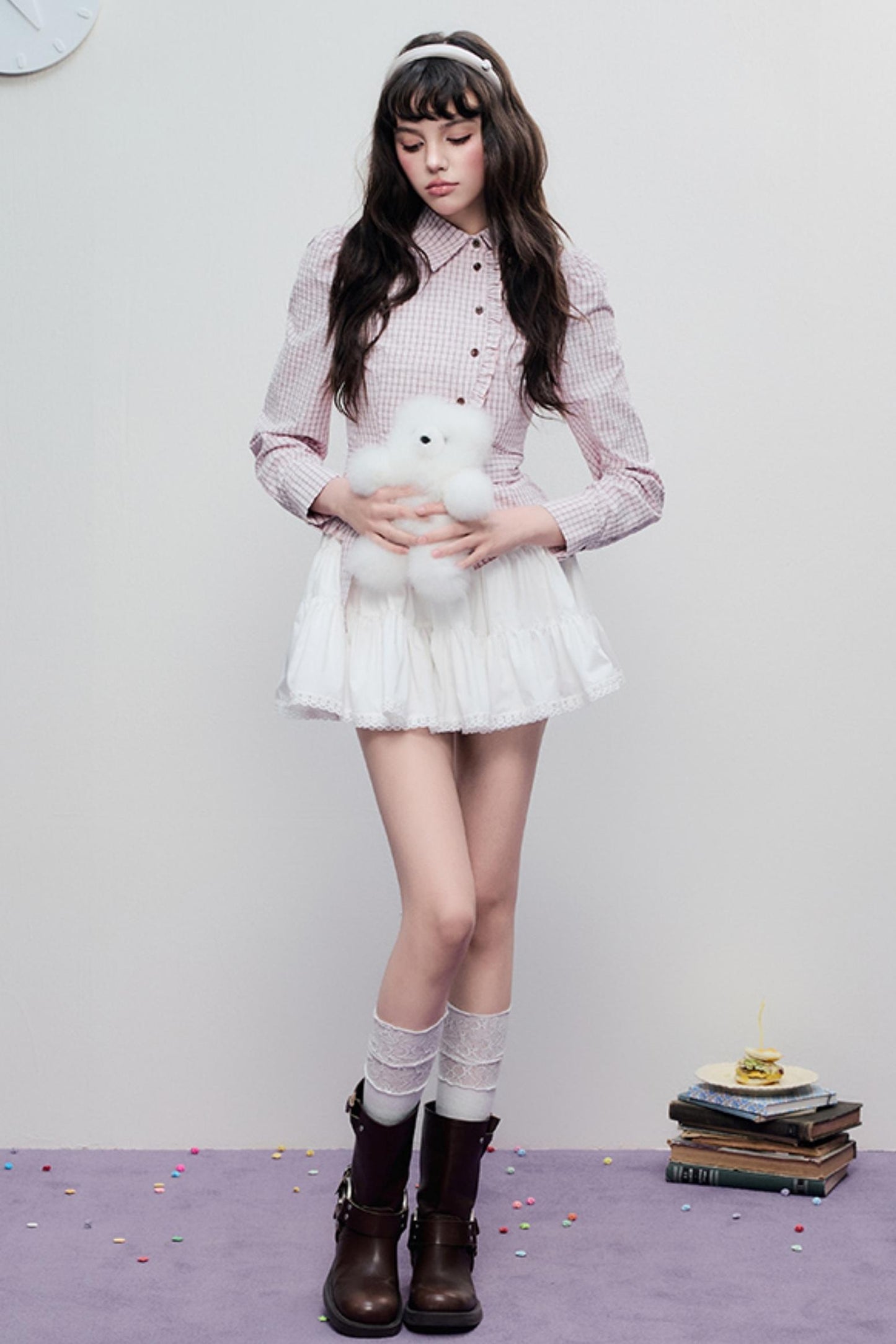 Spring Slim Plaid Ruffle Tie Shirt