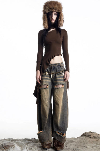 Openwork Rivet Ruffled Knit Top