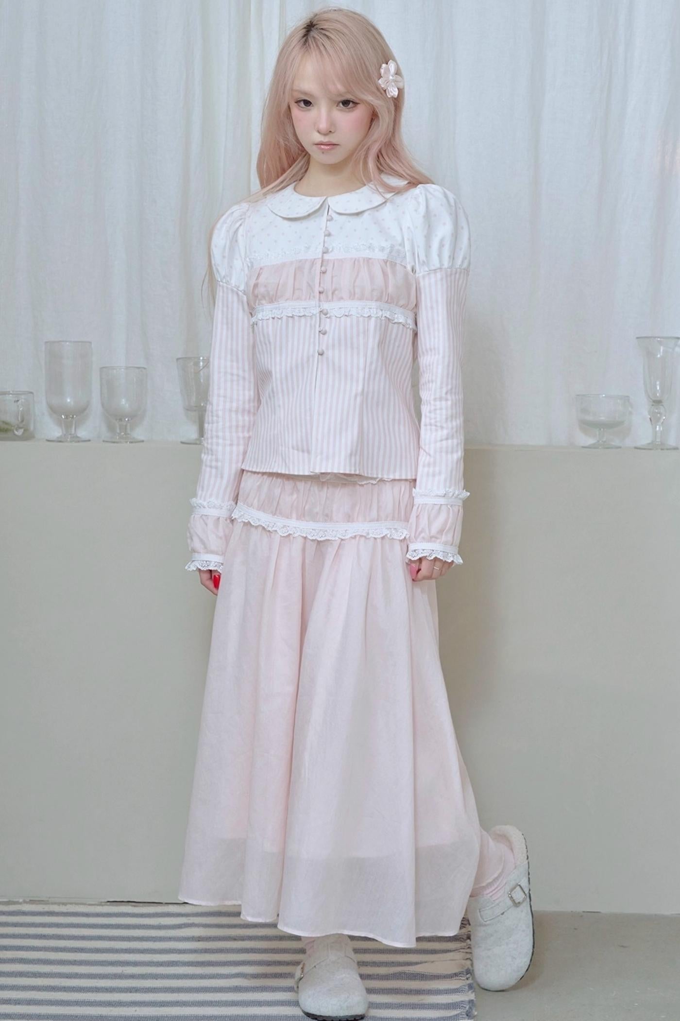 Lace Pleated Panel Pink Long Skirt