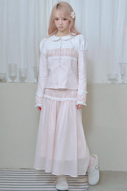 Lace Pleated Panel Pink Long Skirt