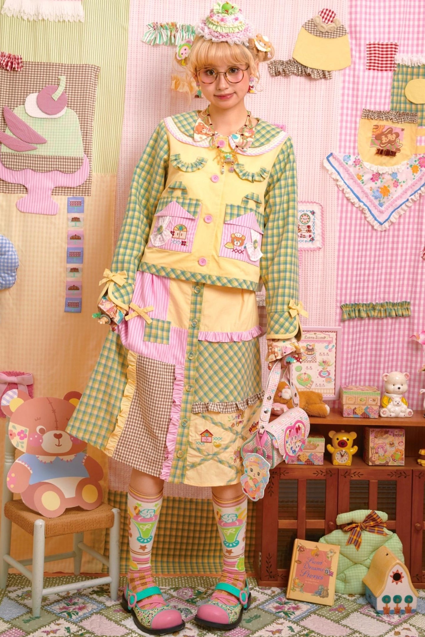 Patchwork Plaid Embroidered Top & Skirt Set-Up