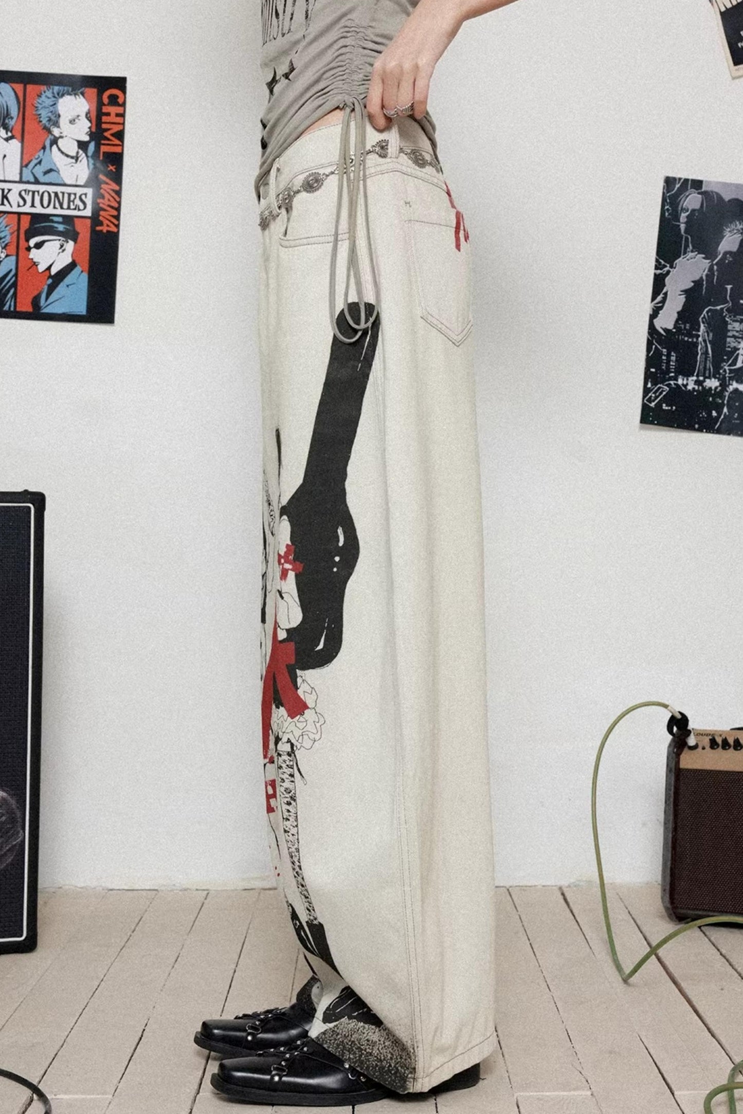 Printed Denim Scimitar Pants