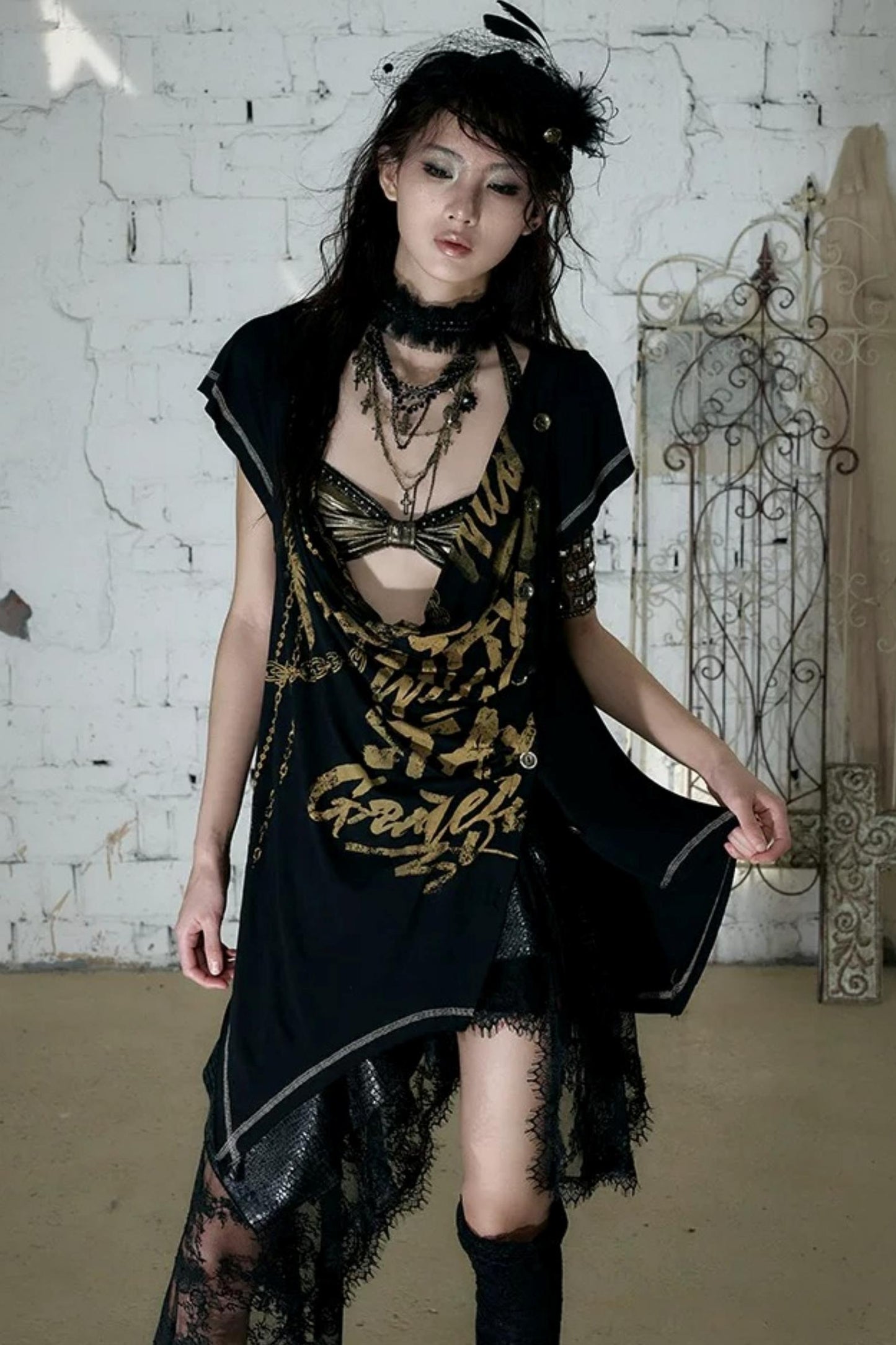 Punk Asymmetrical Neckline T-Shirt Set-Up