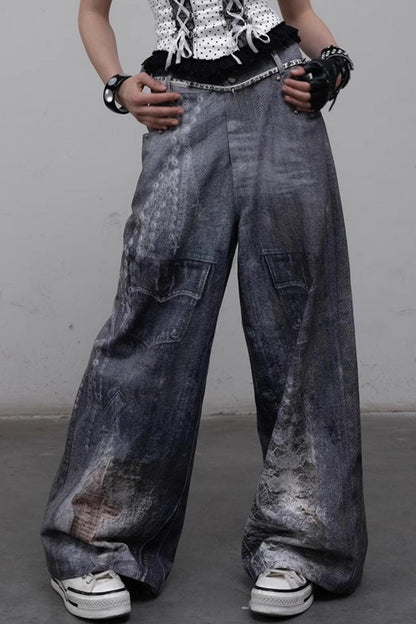 Printed Blue Wide-Leg Denim Pants