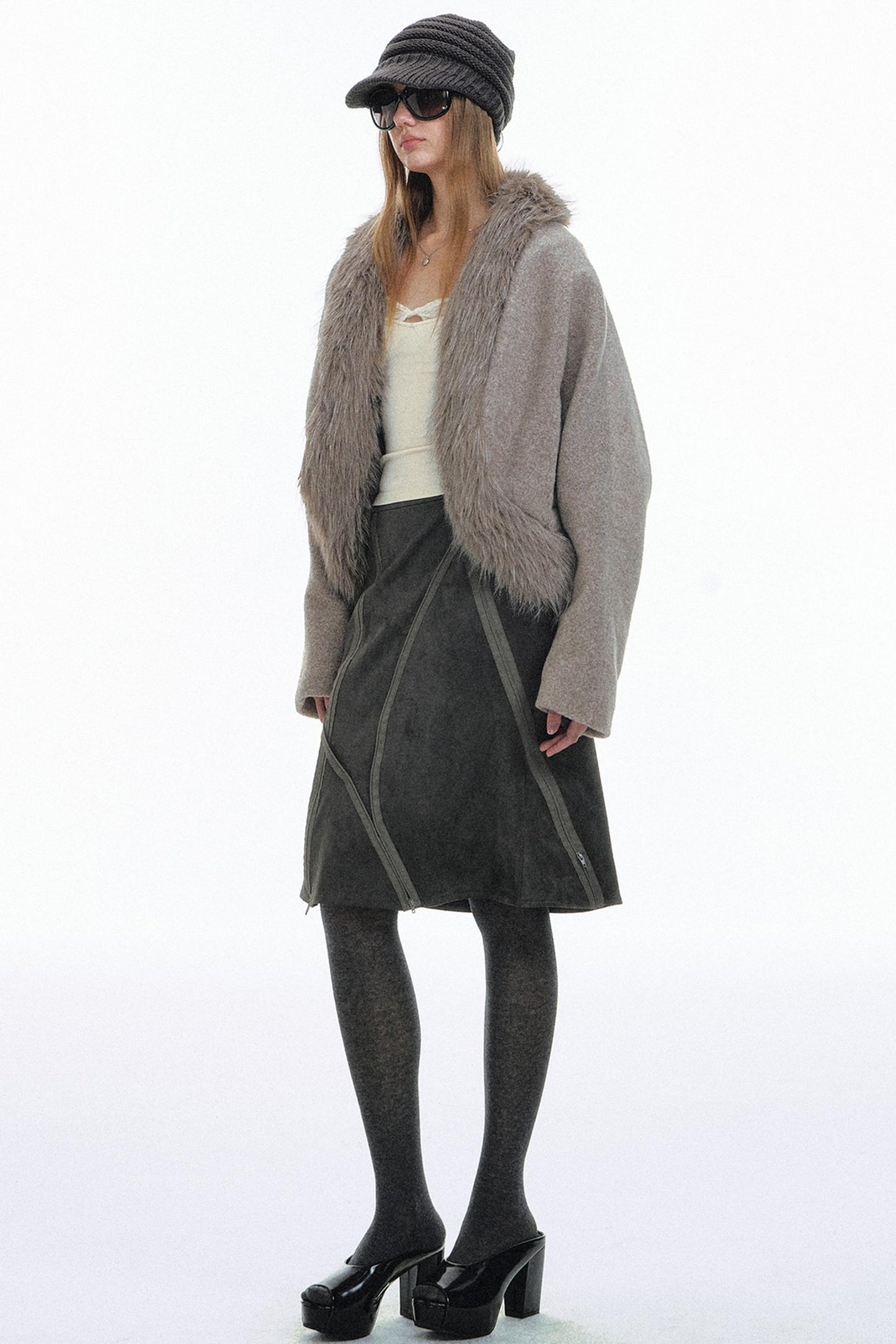 Curved Fur Collar Woolen Coat
