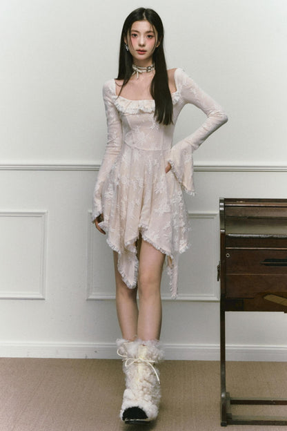 Square Neck Asymmetric Long Sleeve Dress