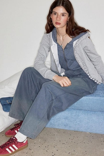 Washed Distressed Cuffed Waist Loose Pants