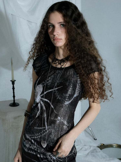 Spider Print T-Shirt & Mesh Long Skirt