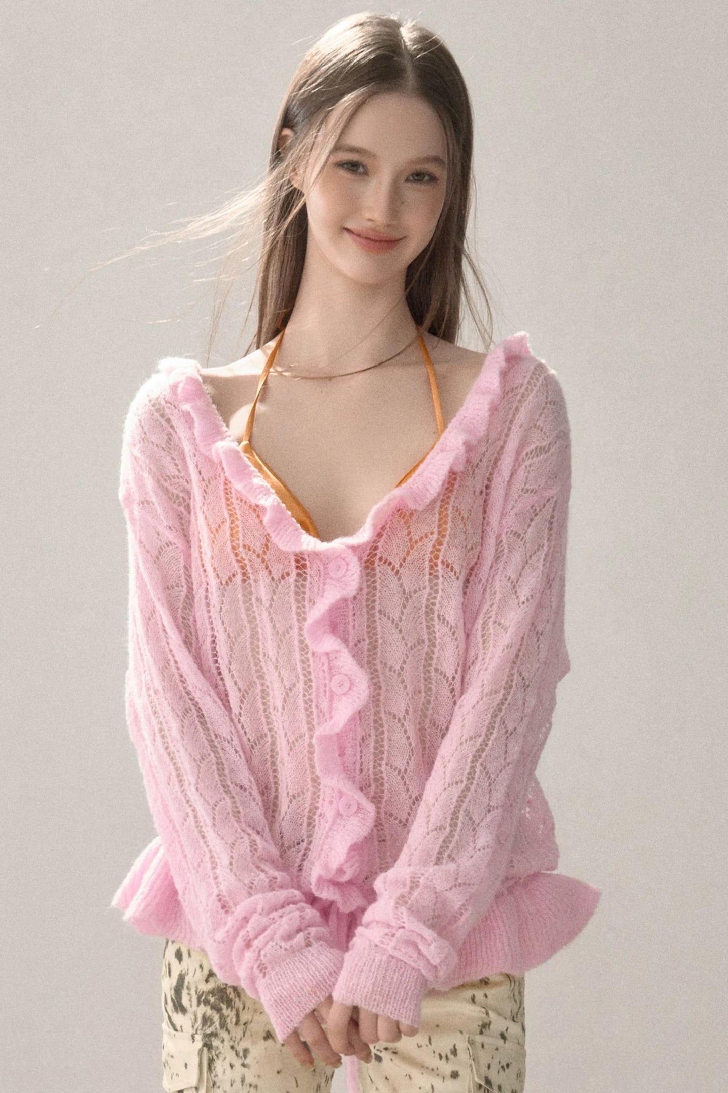 Knit Ruffled Cut Out Blouse