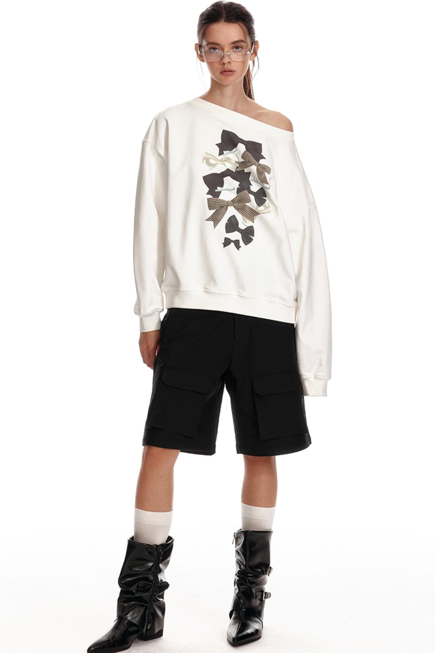 Schleifenprint Sweatshirt mit einem Schulter 