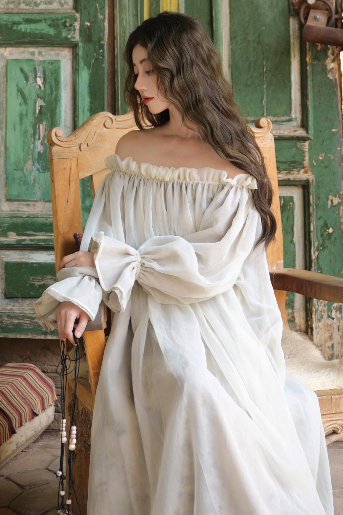 French Romantic Lace Neck Long Dress