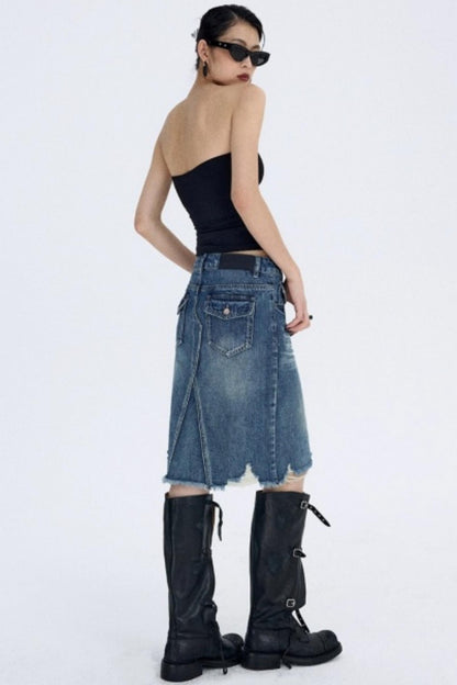 Retro Blue Distressed Denim Skirt