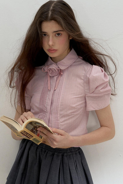 Vertical Stripe Bubble Sleeve Shirt