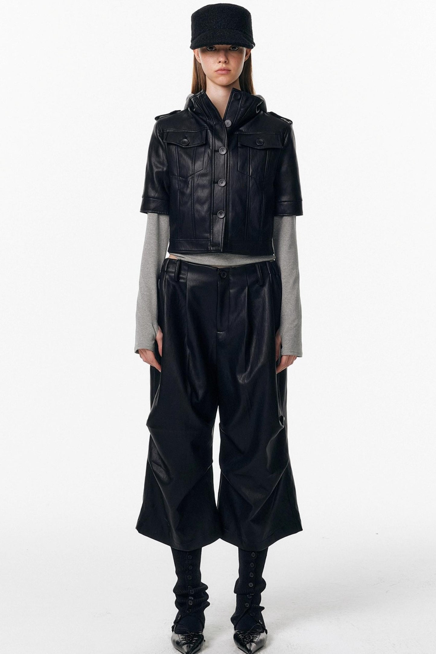 Leather Mid-Sleeve Slim Jacket