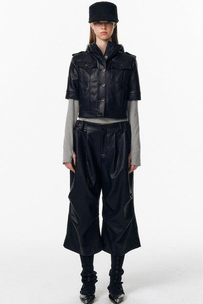 Leather Mid-Sleeve Slim Jacket