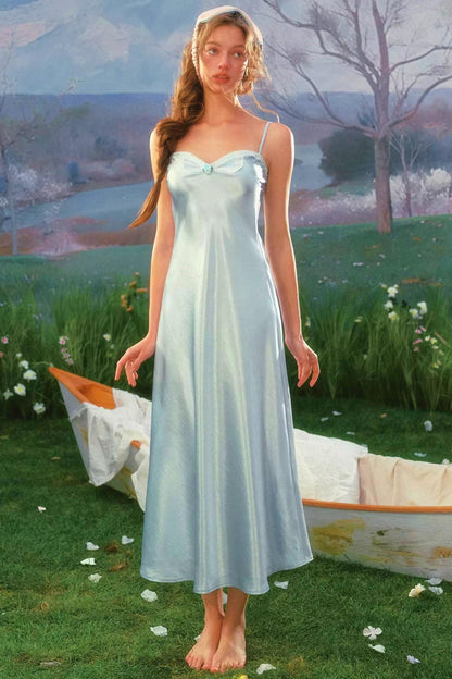 Blue Satin Cardigan Dress Set-Up