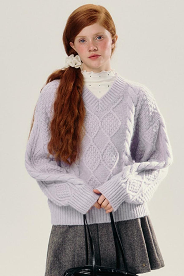 Purple V-Neck Pullover Knit Sweater
