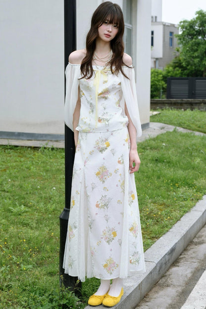 One-Shoulder-Oberteil aus floraler Gaze und Rock-Set