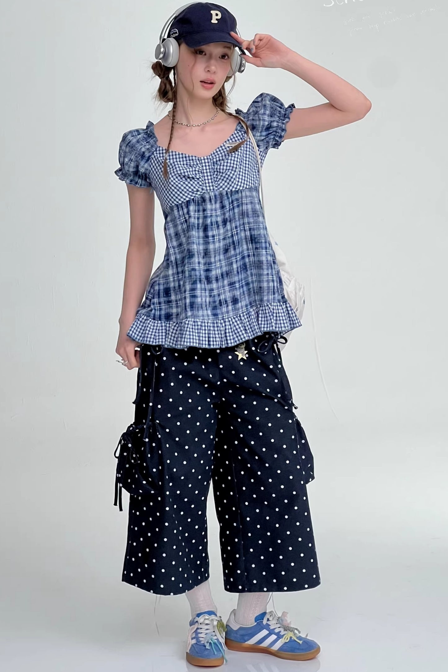 Checkered Plaid Puff Sleeve T-Shirt