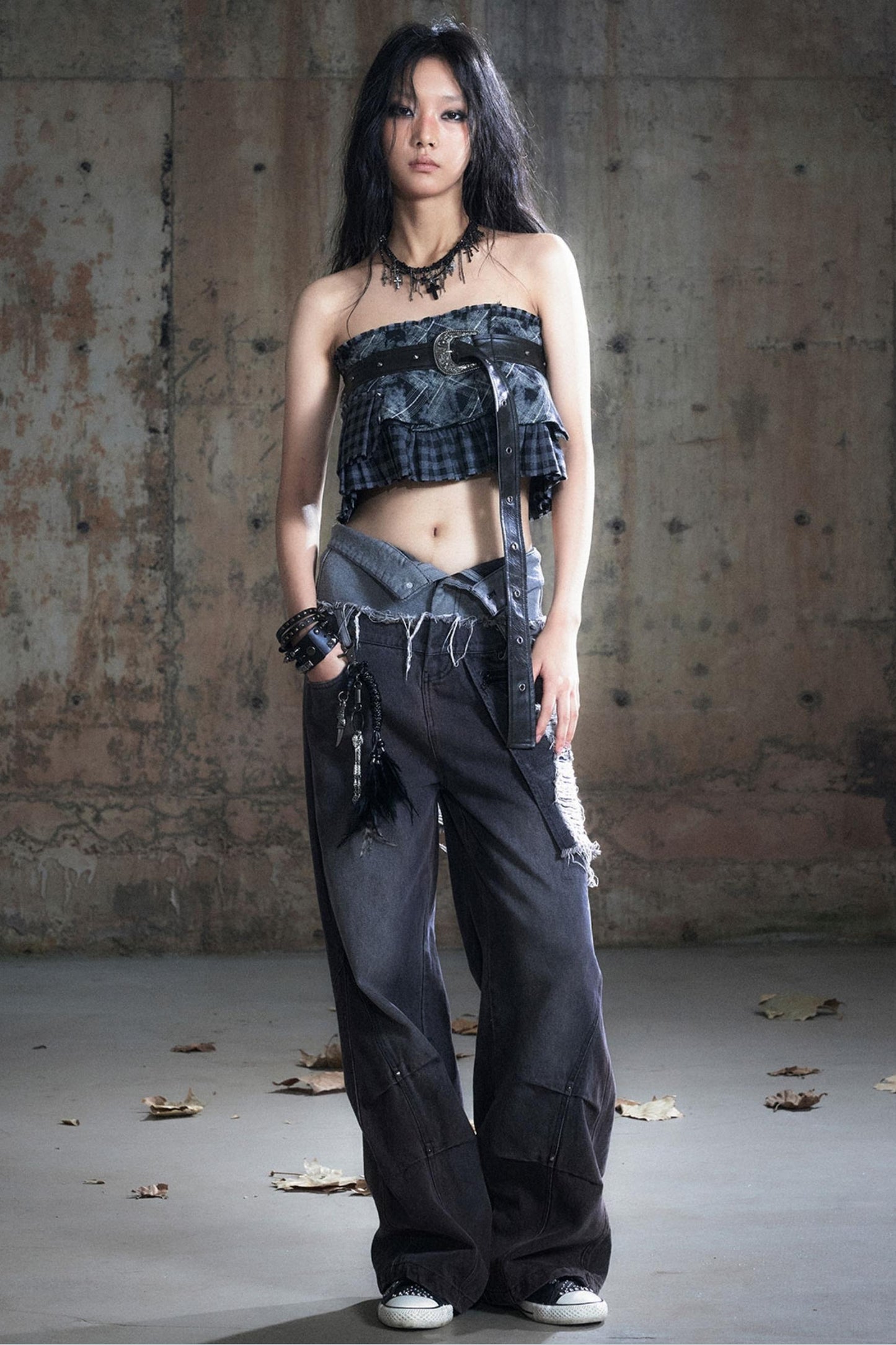 Double-Waist Patchwork Wide-Leg Pants