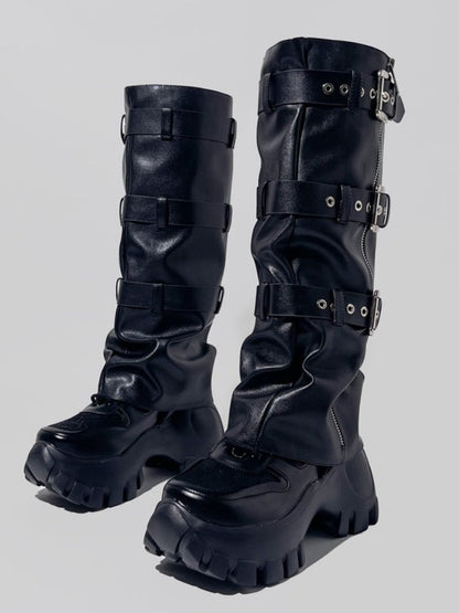 Y2K Punk Style Triple Belt High Heel Long Boots