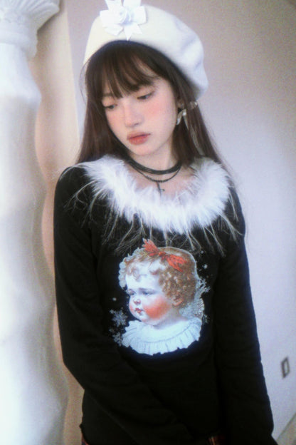 Vintage Angel Print Fur Collar Long Sleeve T-Shirt