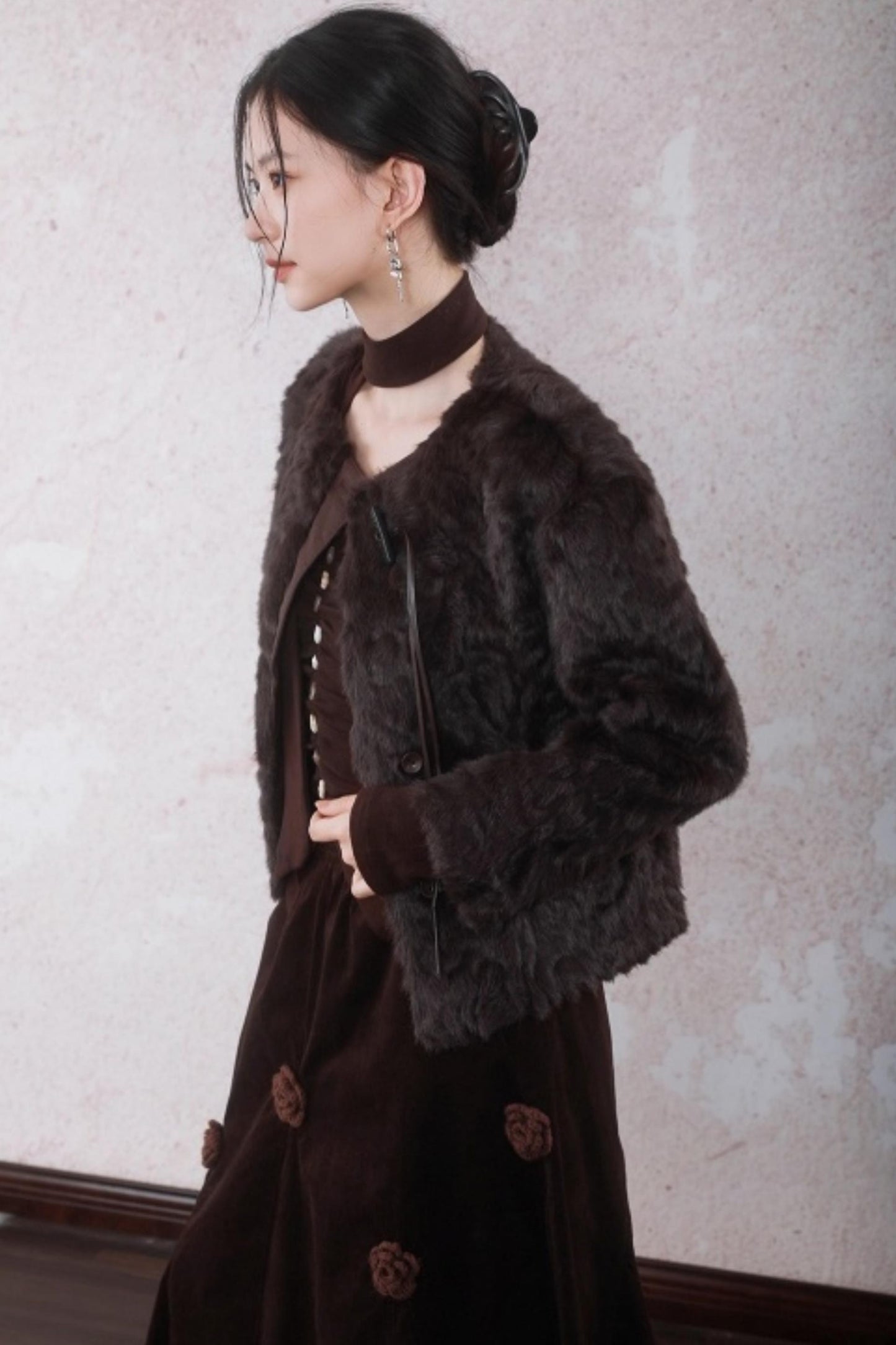 Curved Berry Brown Plush Jacket