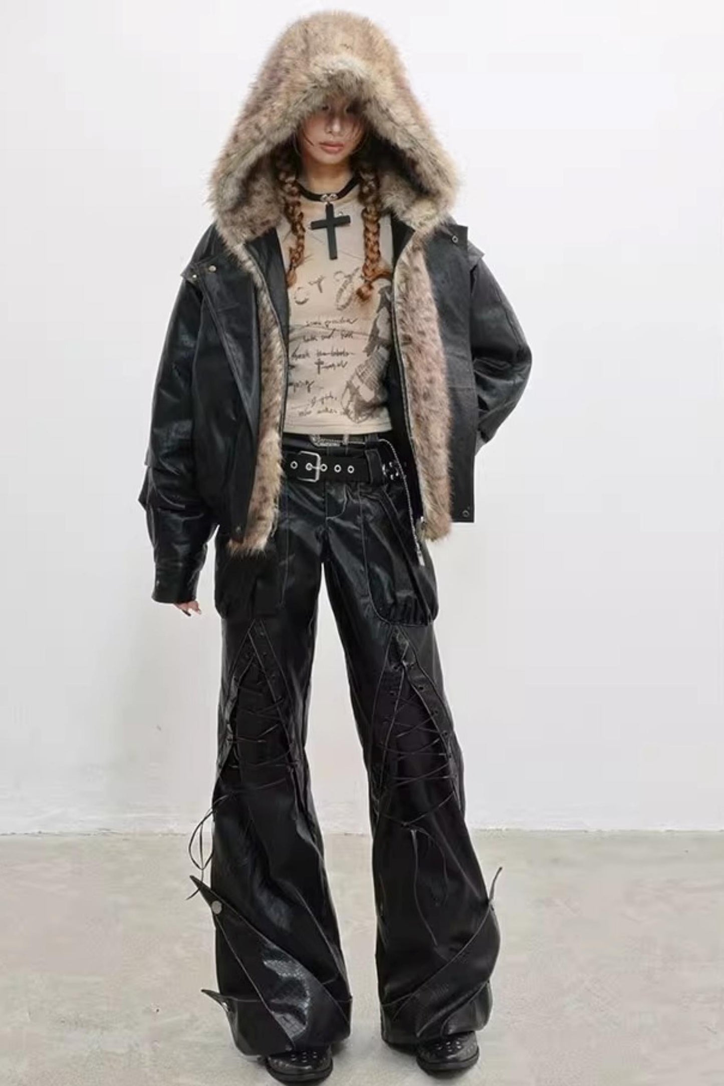 Invisible Fur Patchwork Leather Jacket