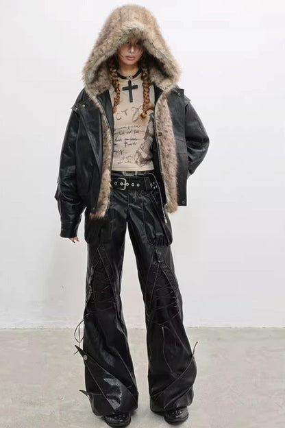 Invisible Fur Patchwork Leather Jacket