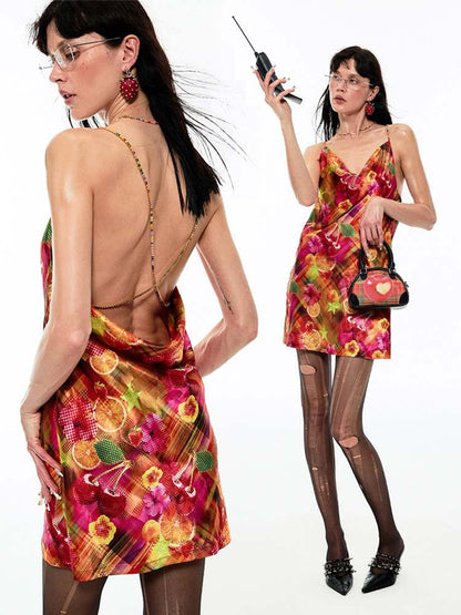 Summer Fruits Chain Backless Suspender Dress