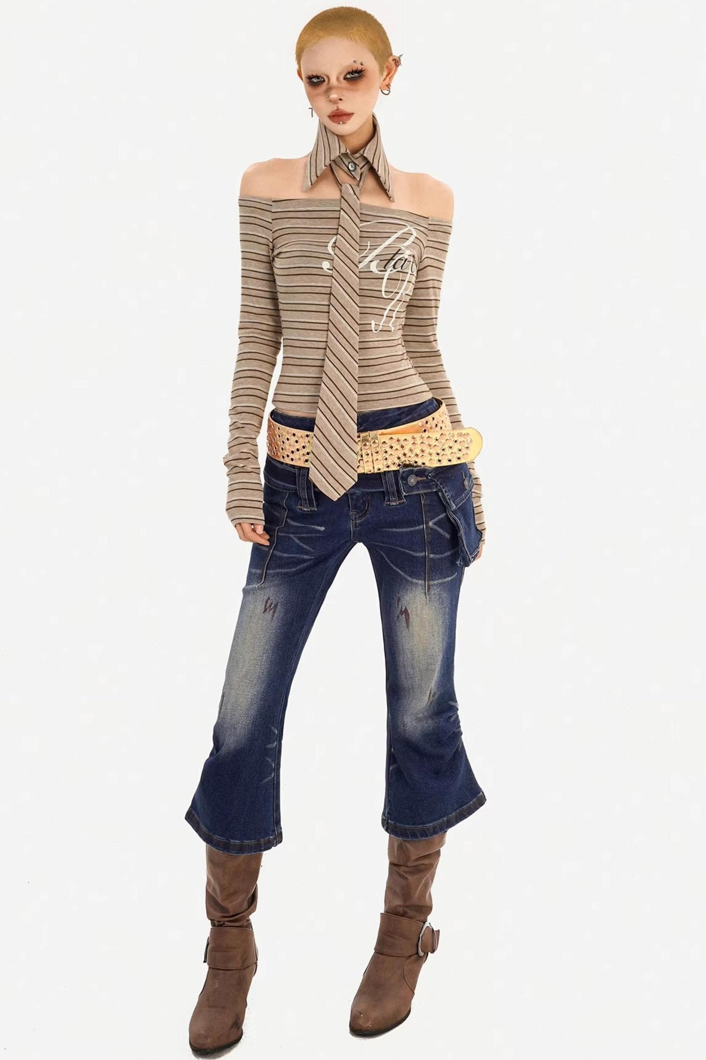 Retro Gestreiftes Off-Shoulder-Top