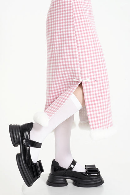 Chinese-Style Pink Wool Plaid Skirt