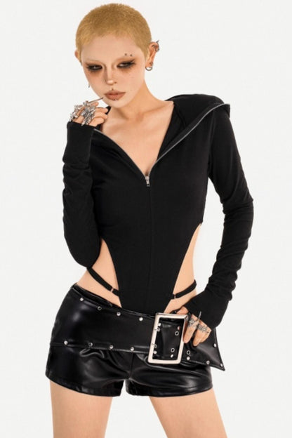 Black Zip-Up Hooded Bodysuit