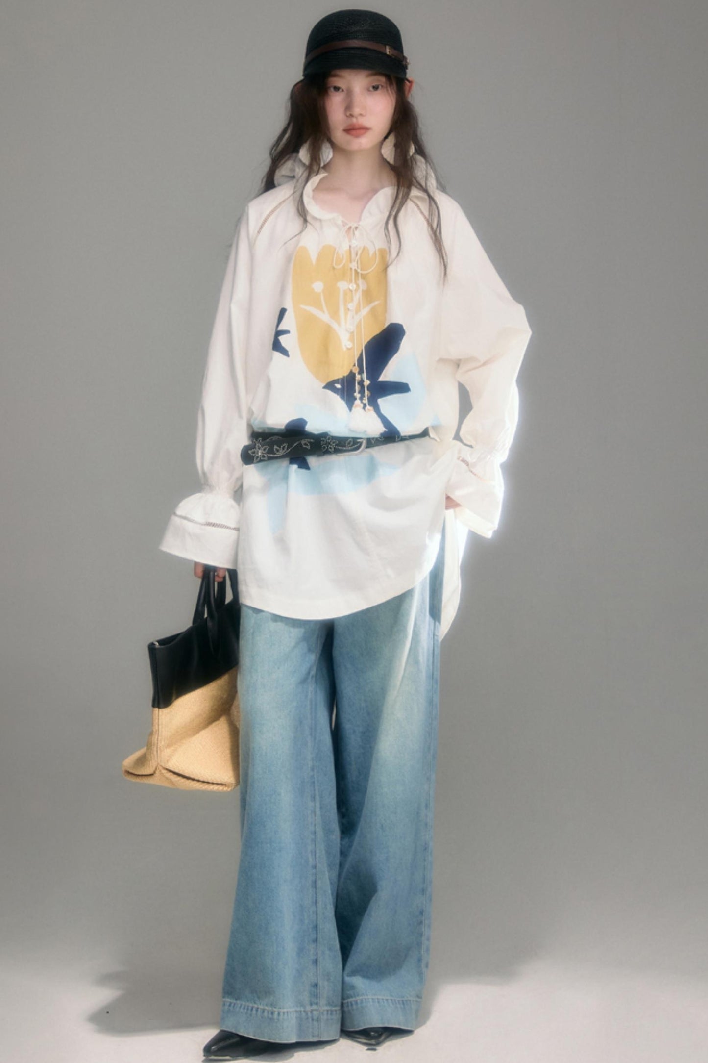 Tulip Bird Print Wood Ear Collar Long Top