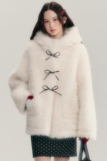 Beige Hooded Eco Fur Short Jacket