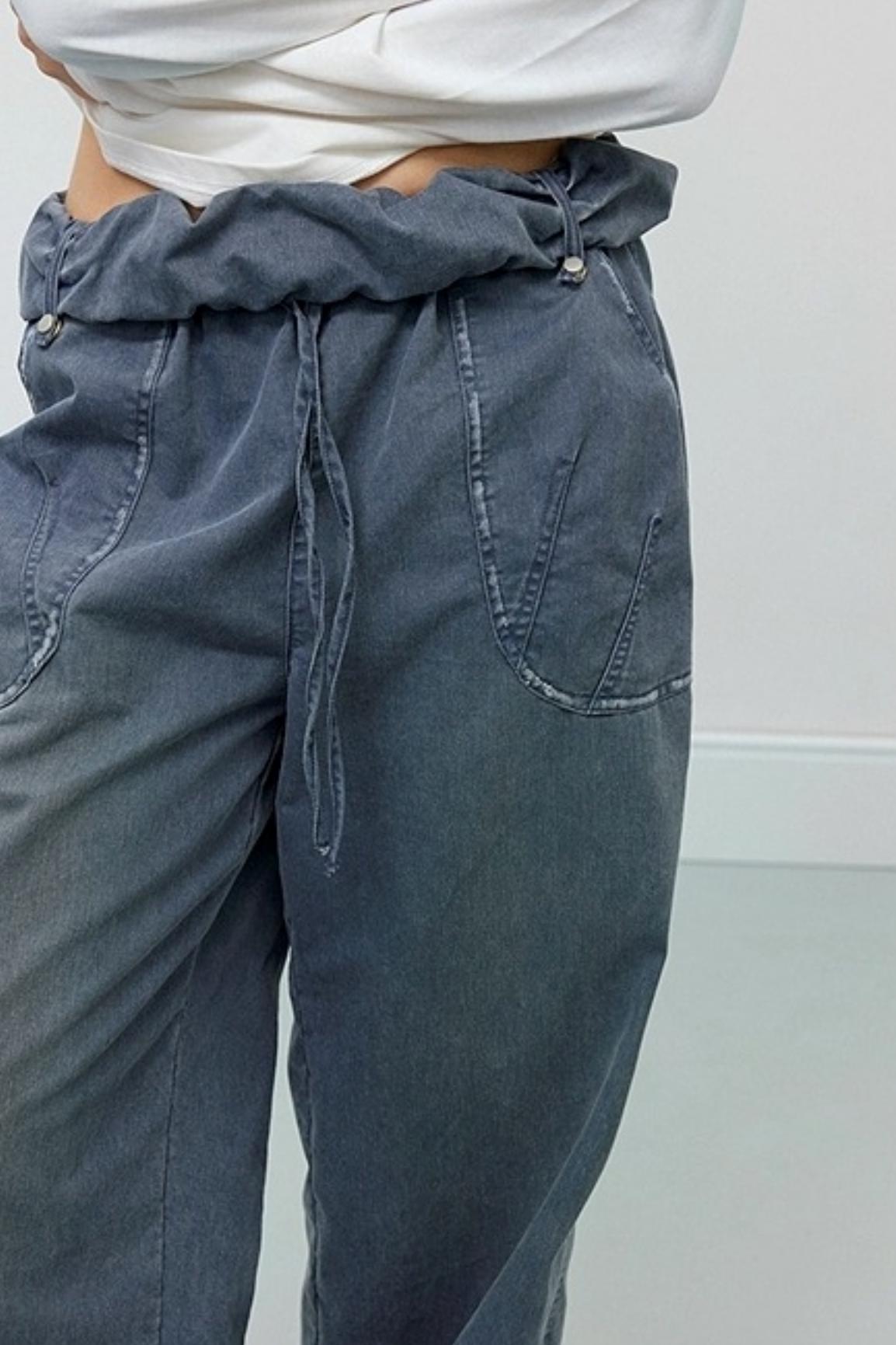 Washed Distressed Cuffed Waist Loose Pants