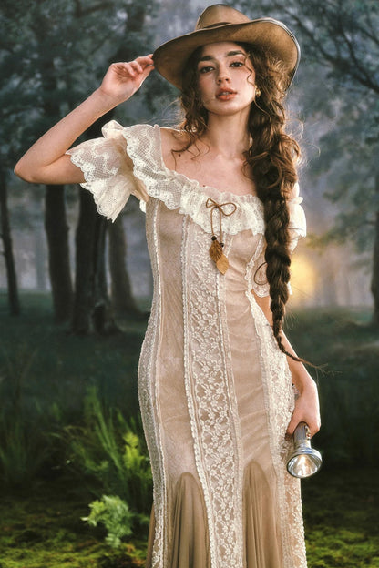 French Countryside Lace One-Shoulder Dress