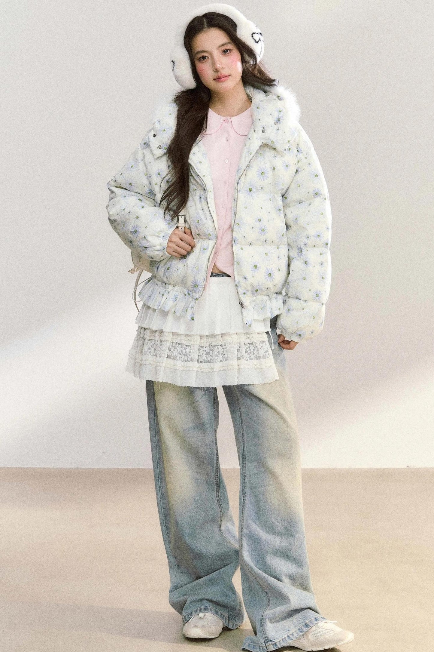 Fur Collar Daisy Print Jacket