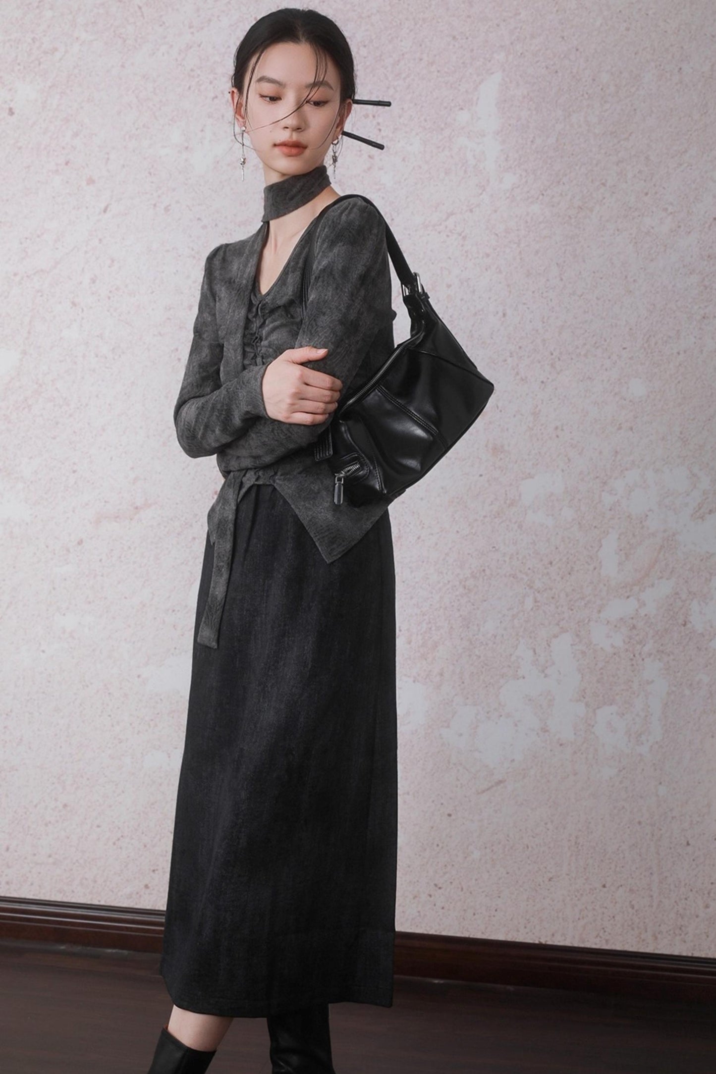 Autumn Gray Tie-dye Knitted V-Neck T-Shirt