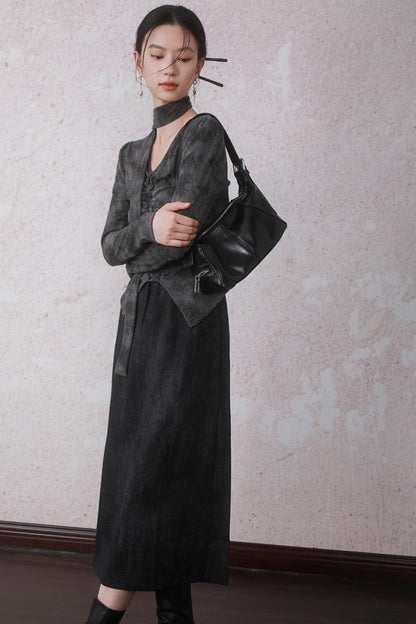 Autumn Gray Tie-dye Knitted V-Neck T-Shirt