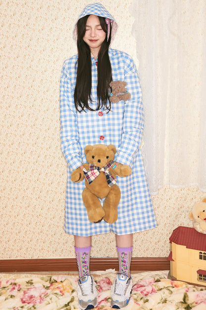 Blue Plaid Hooded Trench Coat