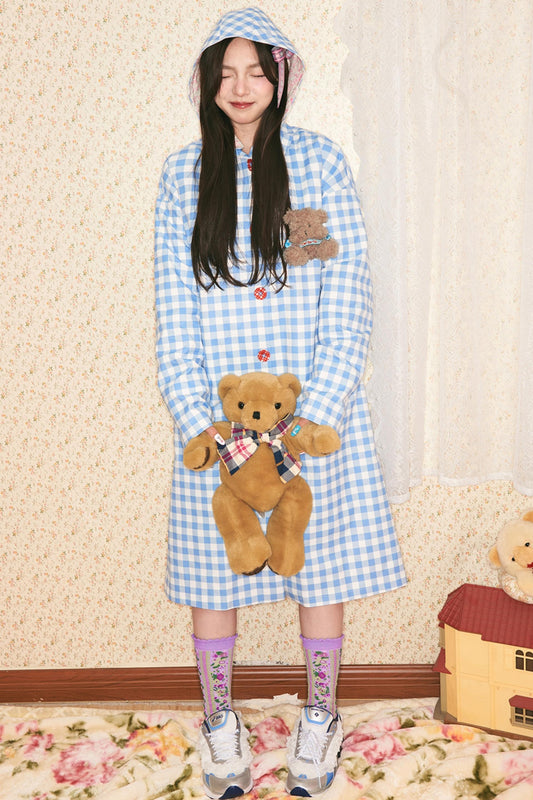 Blue Plaid Hooded Trench Coat