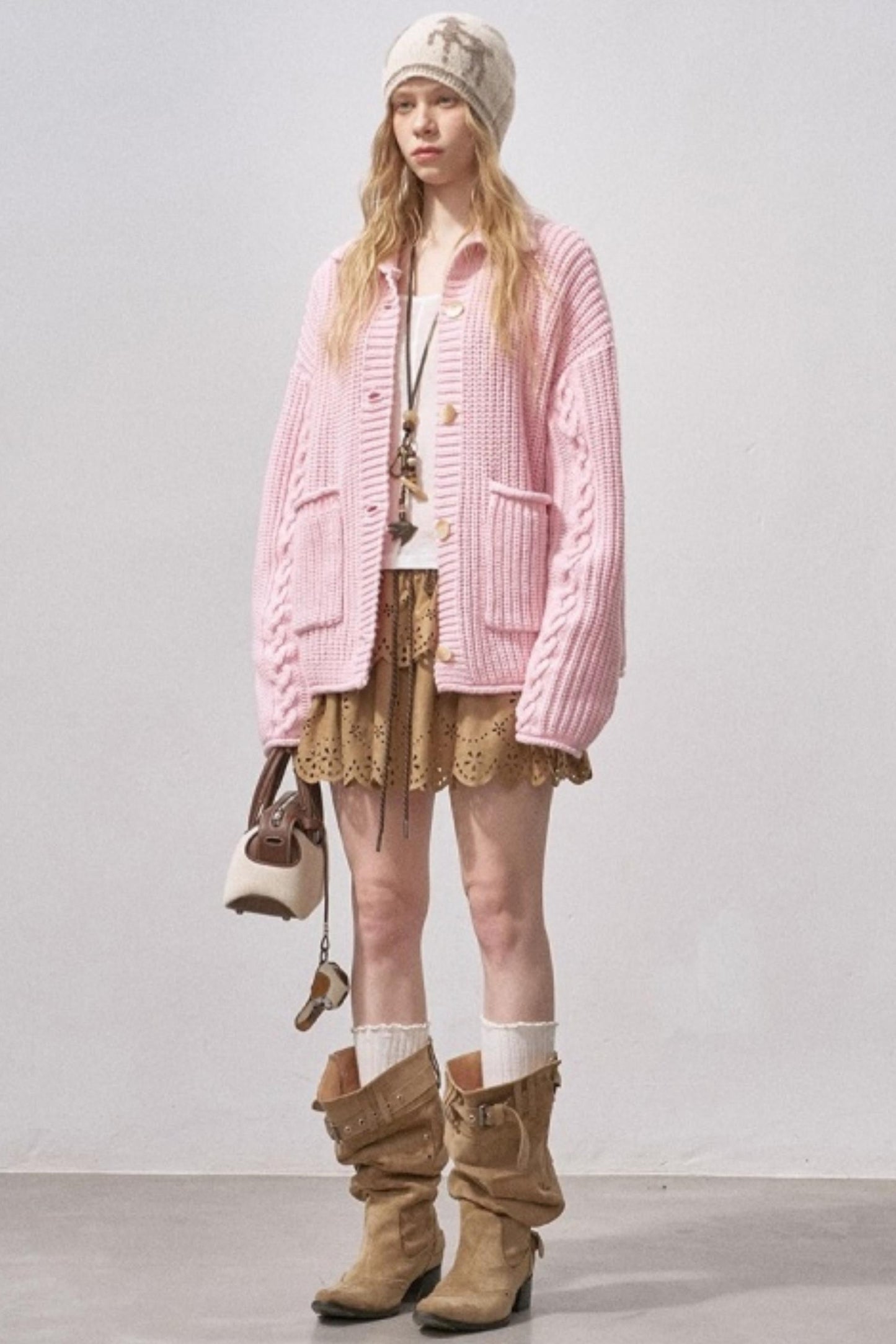 Thick Cable Knit Turtleneck Cardigan