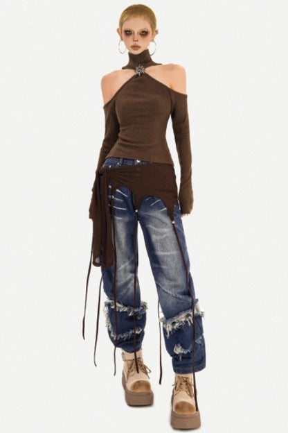Retro Distressed Wide-Leg Jeans