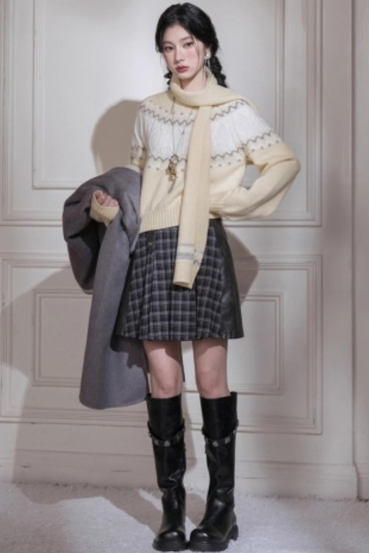 Jacquard Wool Sweater With Scarf Set