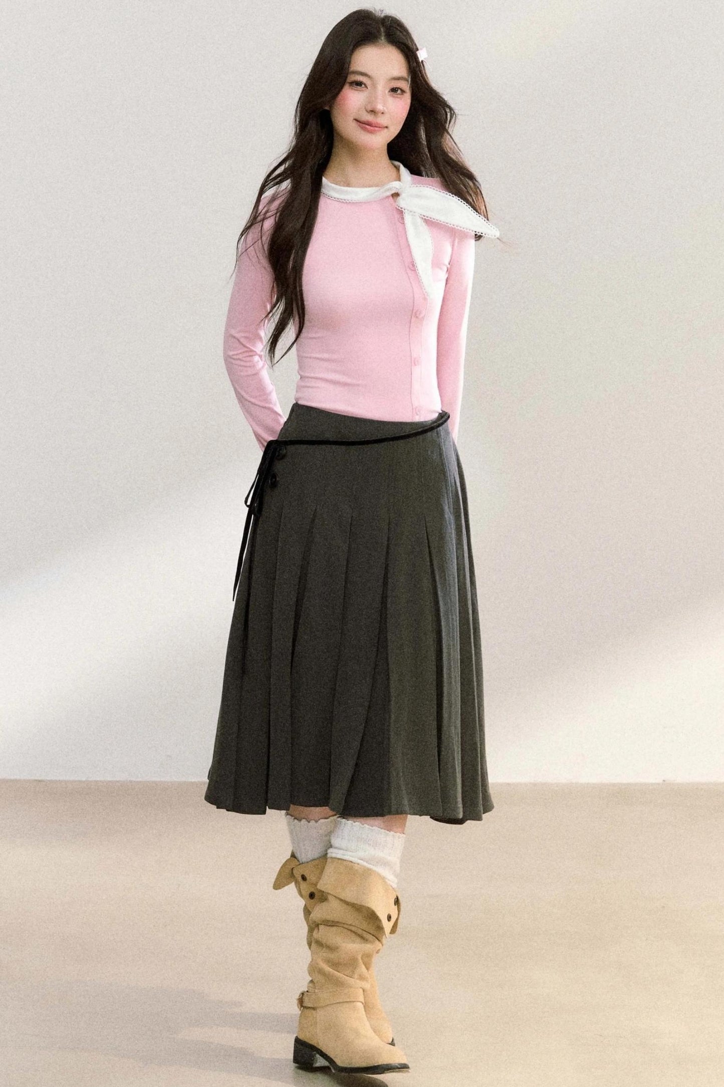 Edge Strap Pleated Midi Skirt