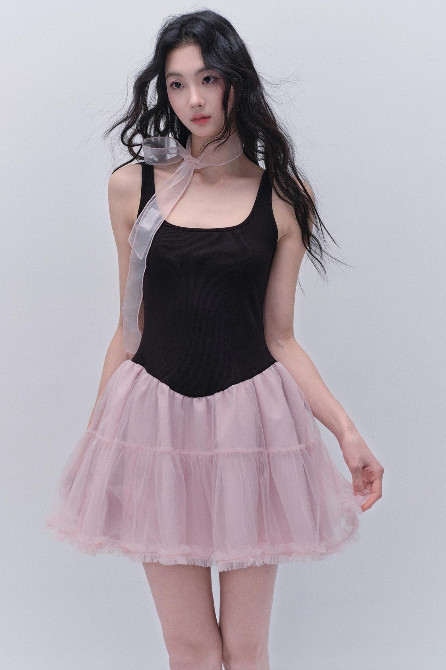 Sweet Fluffy Black-Pink Contrast Dress