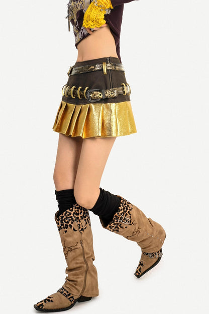 Gold Patchwork Pleated Skirt