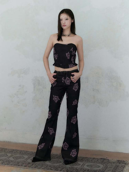 Denim Rose Print Tube Top & Bell Pants